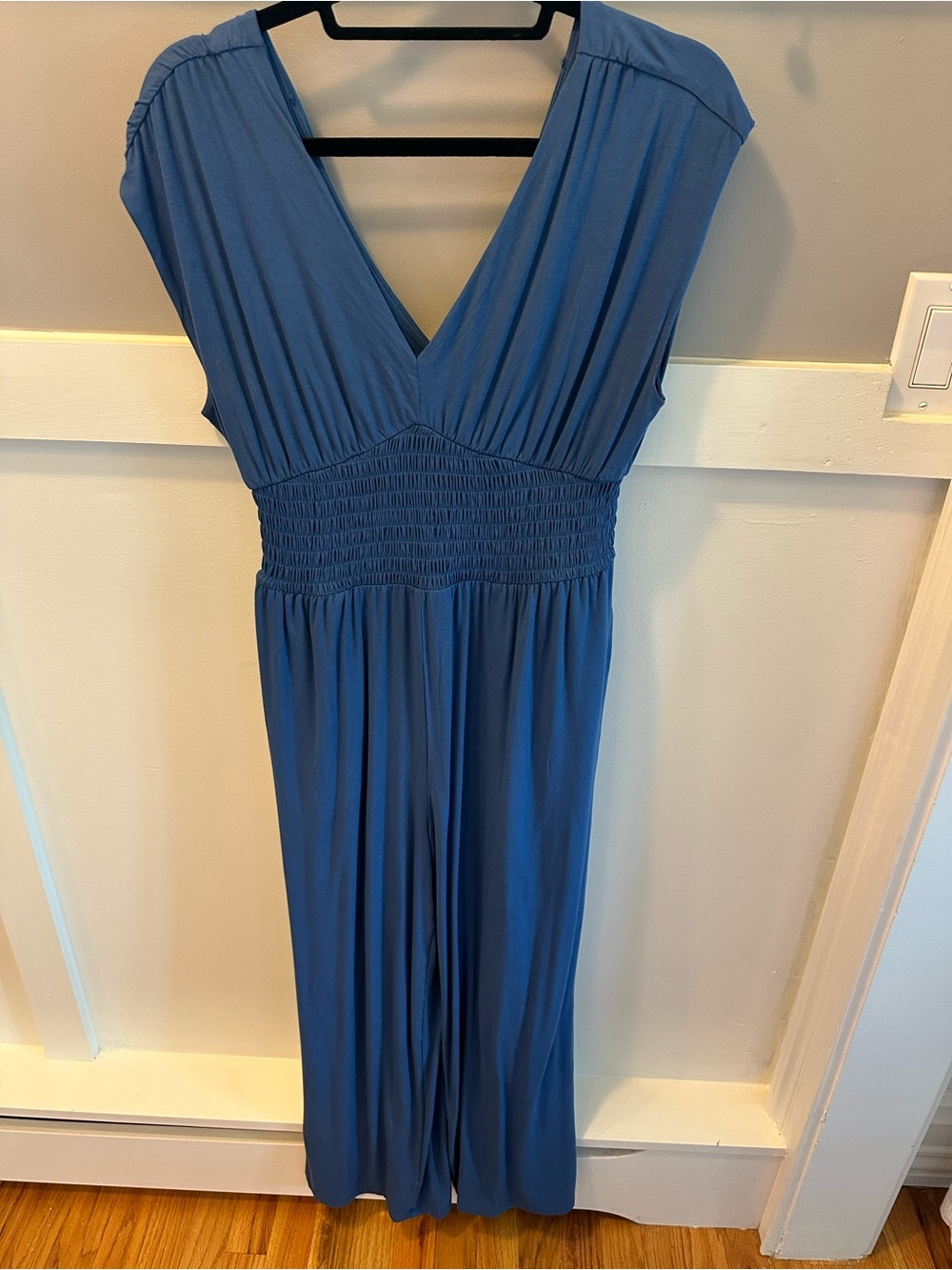 Blue V-Neck Smocked Waist Jumpsuit w POCKETS!